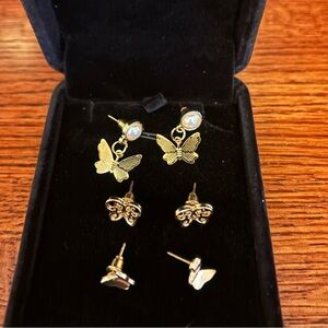 Gold Butterfly Stud & Drop Earring Set | Pearl Accent | 3-Pair Stack 🦋